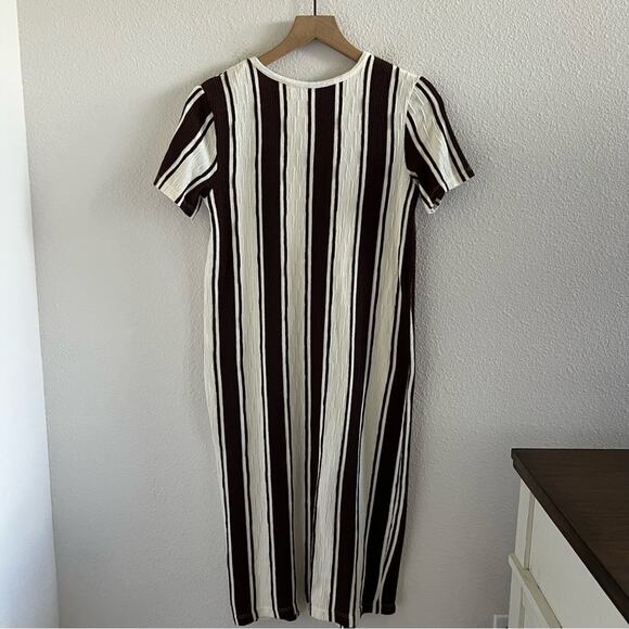 Zara Trafaluc Vertical Striped Dress Y2K V Neck Cream Brown Small - Picture 6 of 6